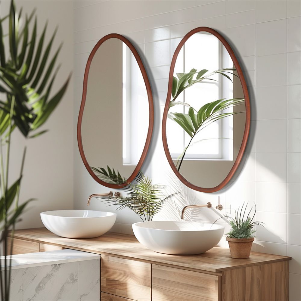 Stunning Asymmetrical Large Wall Mirror with Mid Century Wood Frame