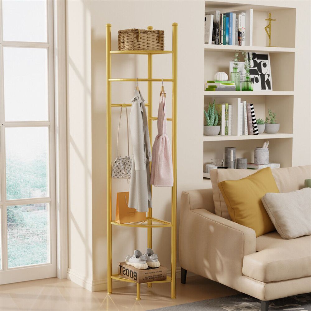Standing Metal Corner Coat Stand Clothes Rack with Storage Shelf Garment Rack Hall Tree