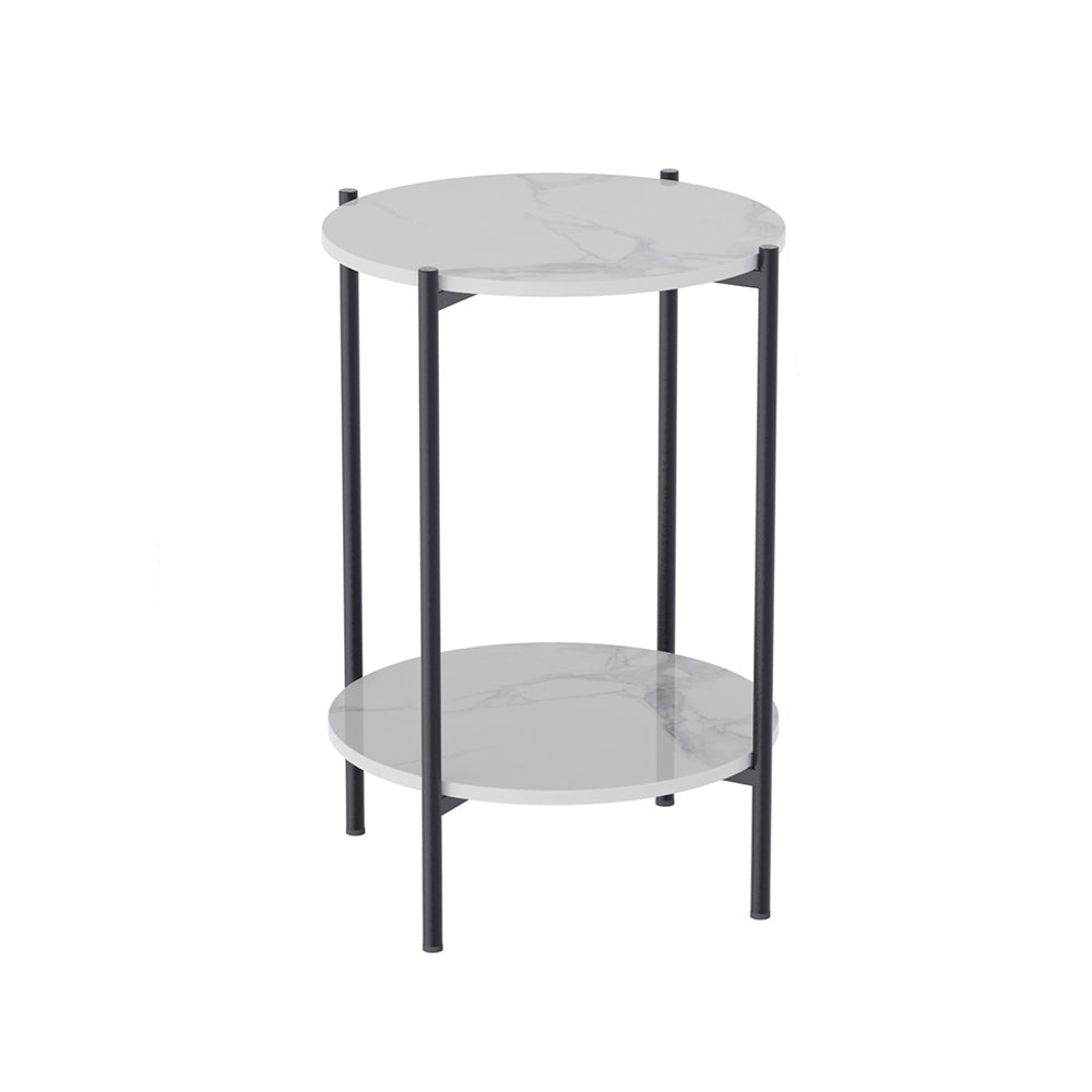 2-tier Round Sintered Stone Side Table Coffee End Table with Metal Frame
