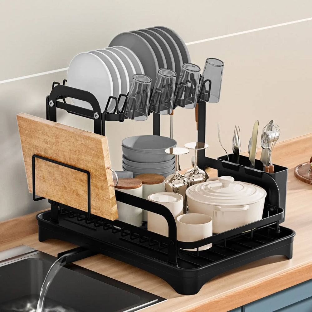 360 Degree Rotating 2 Tier Dish Bowl Drainer Kitchen Tableware Rack