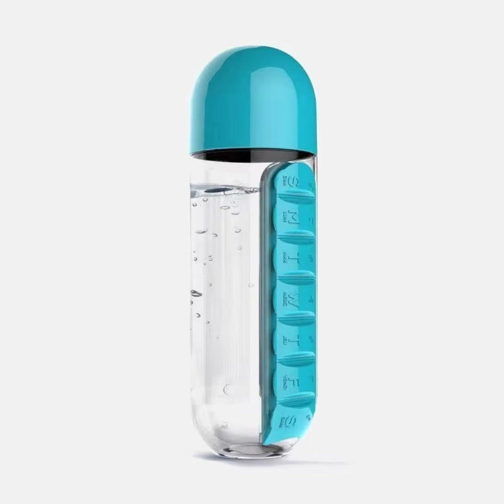2 in 1 600ml 7 Grids Medicine Box Water Cup Sports Plastic Bottle