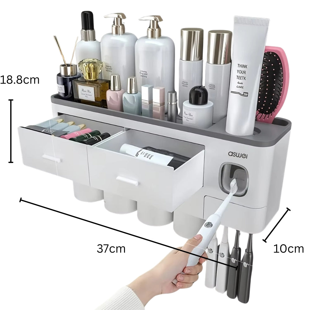 Wall Mounted No-Drill Toothbrush Holder with Toothpaste Squeezer & Storage Rack