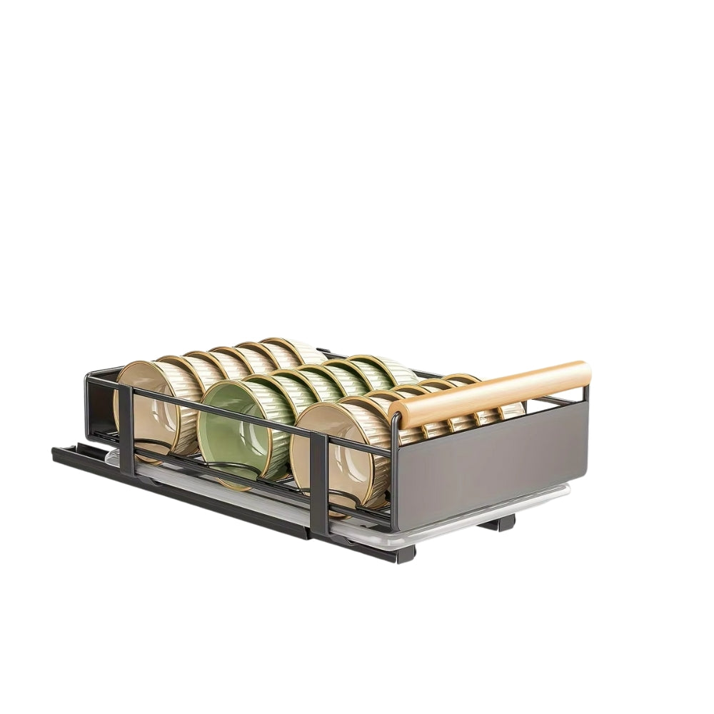 Pull Out Dish Rack with Wooden Handle and Drain Tray