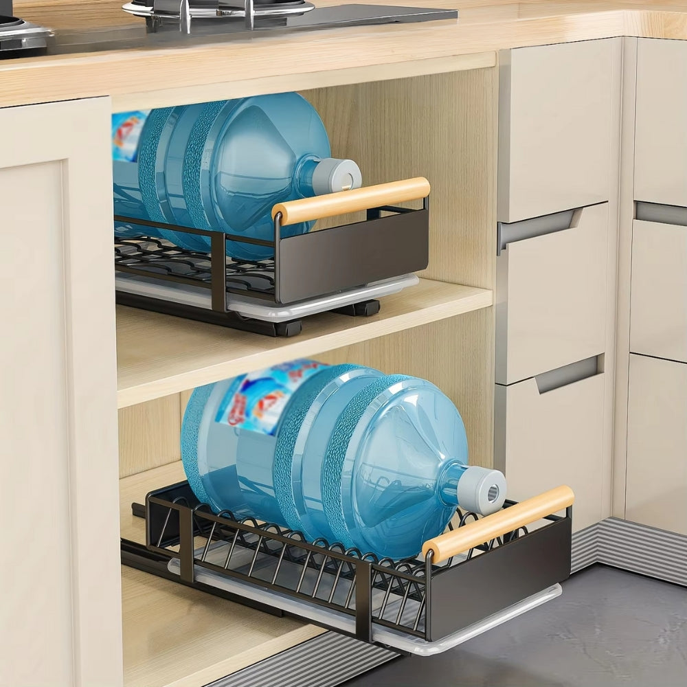 Pull Out Dish Rack with Wooden Handle and Drain Tray