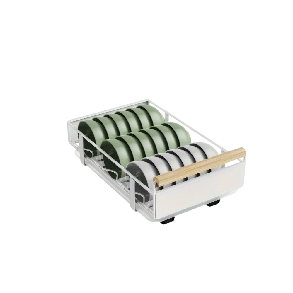 Pull Out Dish Rack with Wooden Handle and Drain Tray