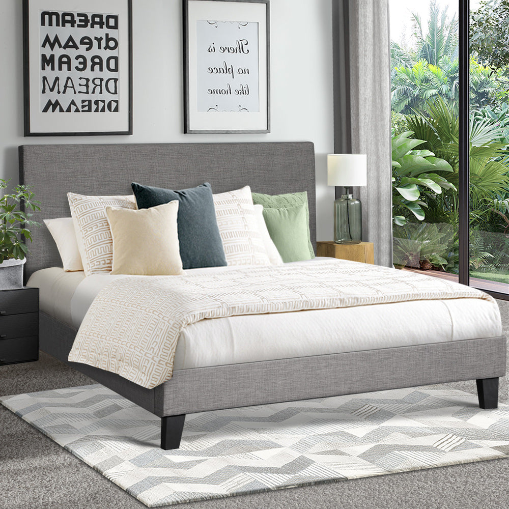 Bed Frame King Size Wooden Slats Grey Fabric