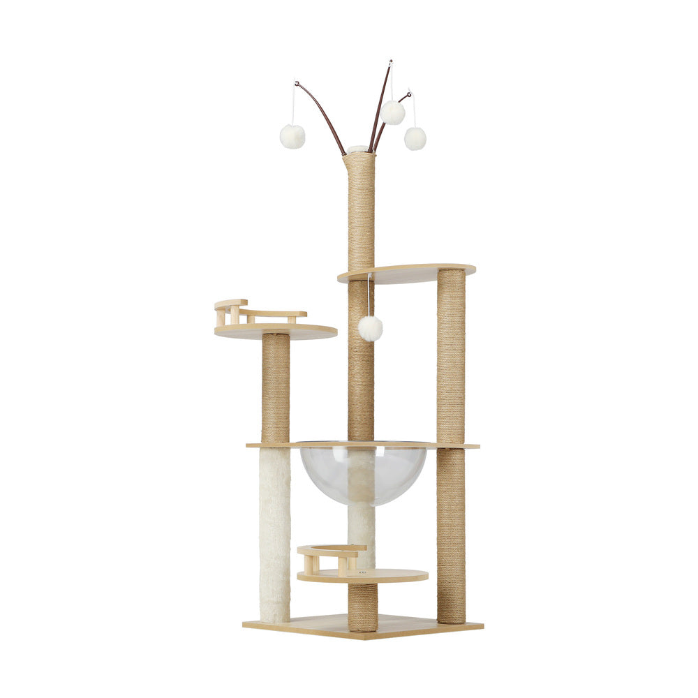 Wooden Cat Tree Scratching Post Acrylic Bowl