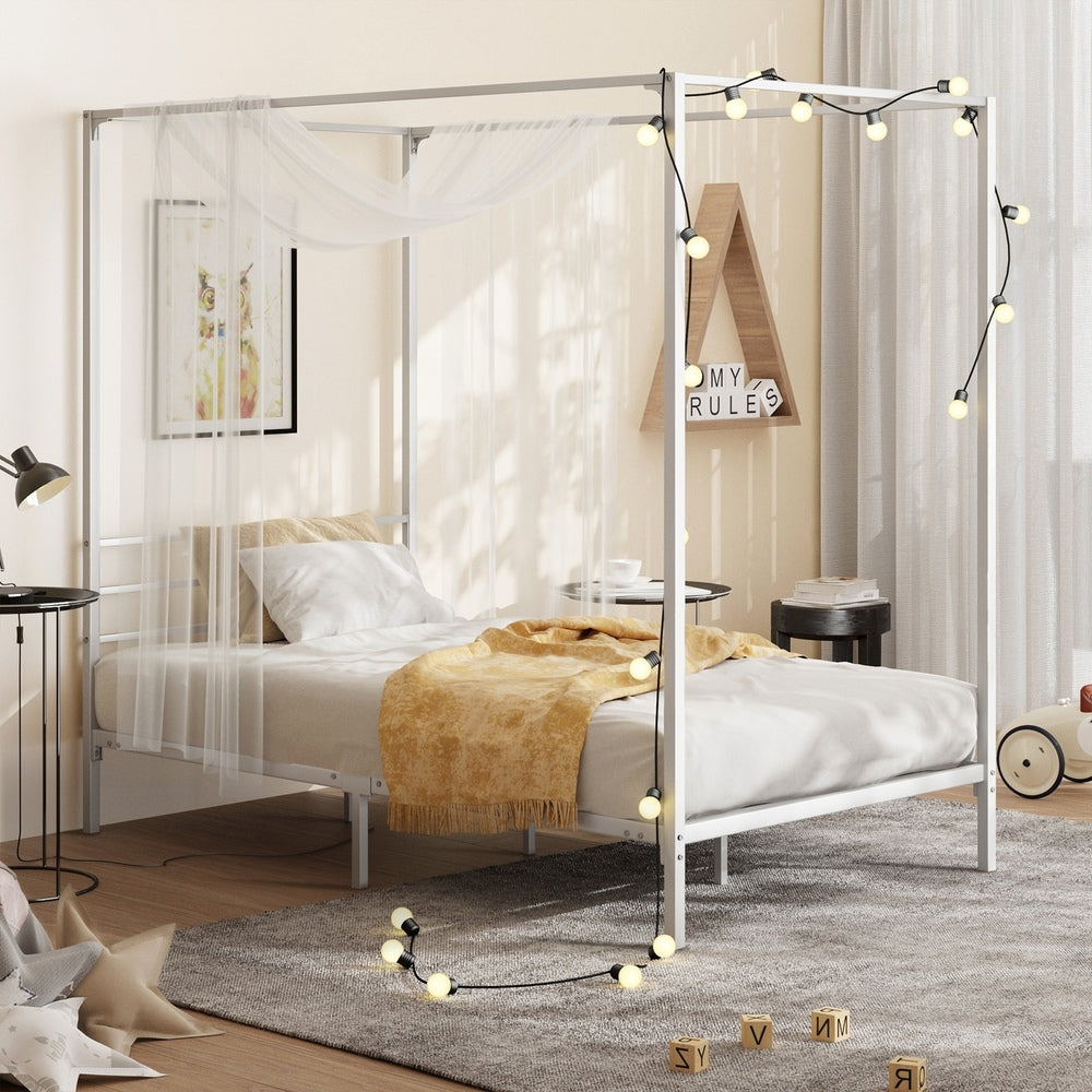 Metal Canopy Bed Frame Single Size White