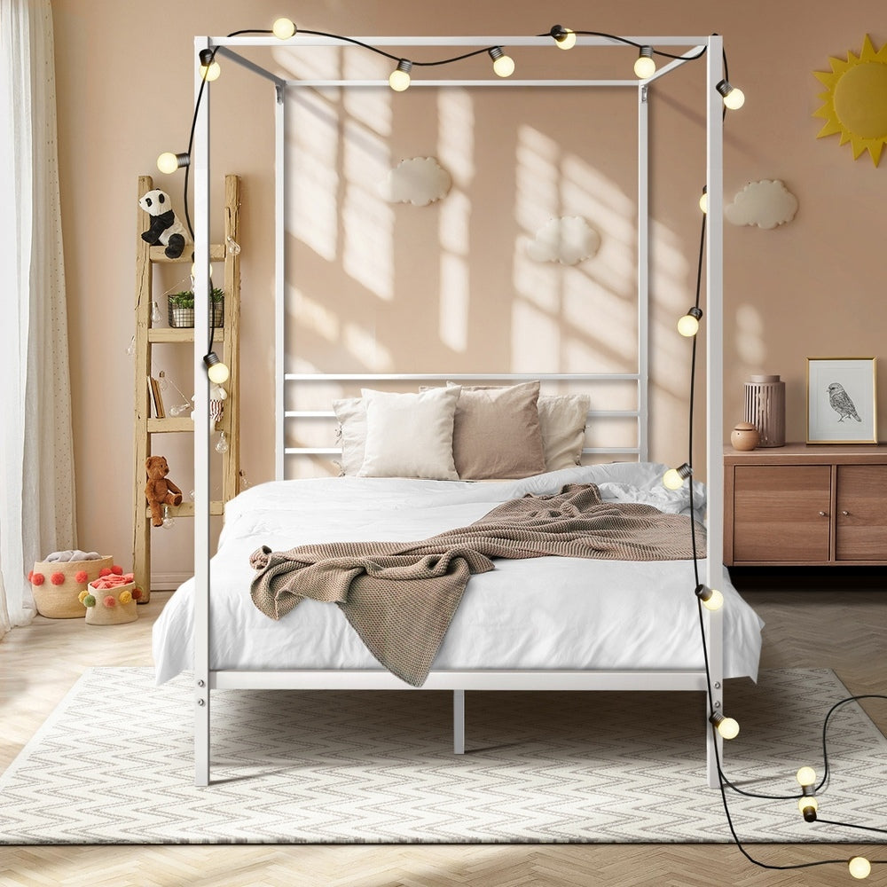 Metal Canopy Bed Frame Single Size White