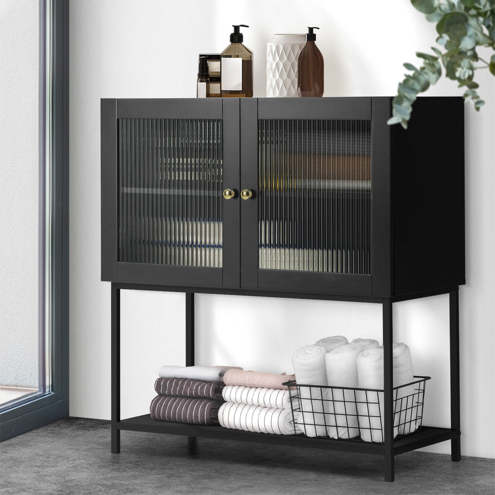 Black Bathroom Cabinet with Two Tempered Glass Doors