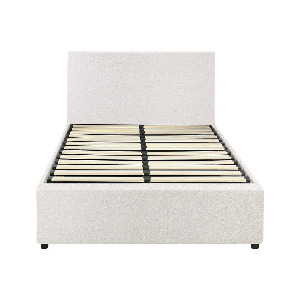 King Single Bed Frame with Gas Lift Storage Base in White Boucle
