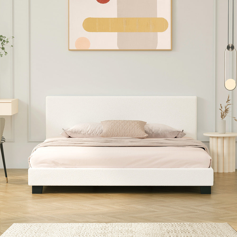 Double Bed Frame with Wooden Slats in White Boucle Fabric
