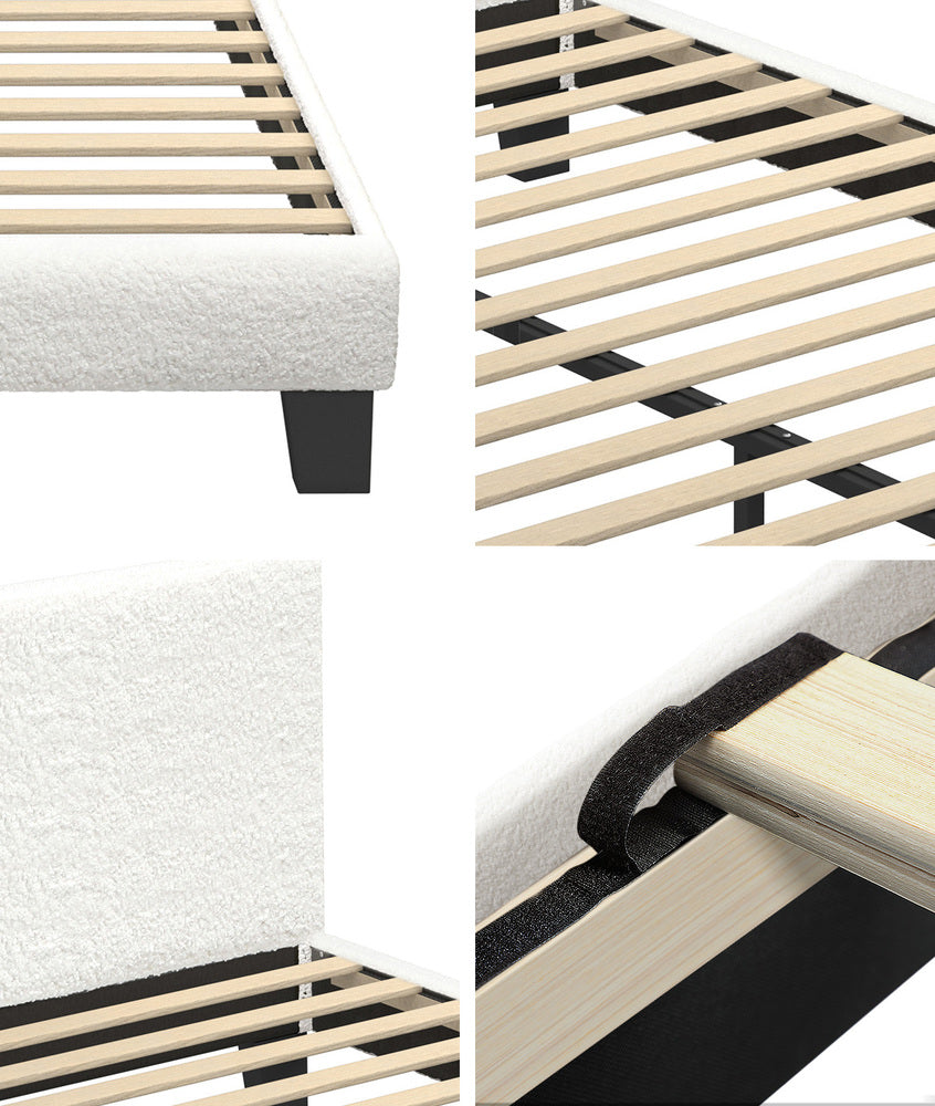 Double Bed Frame with Wooden Slats in White Boucle Fabric