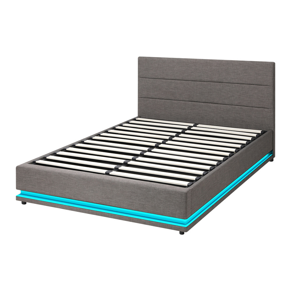 Queen Bed Frame with Gas Lift LED Storage Space Grey
