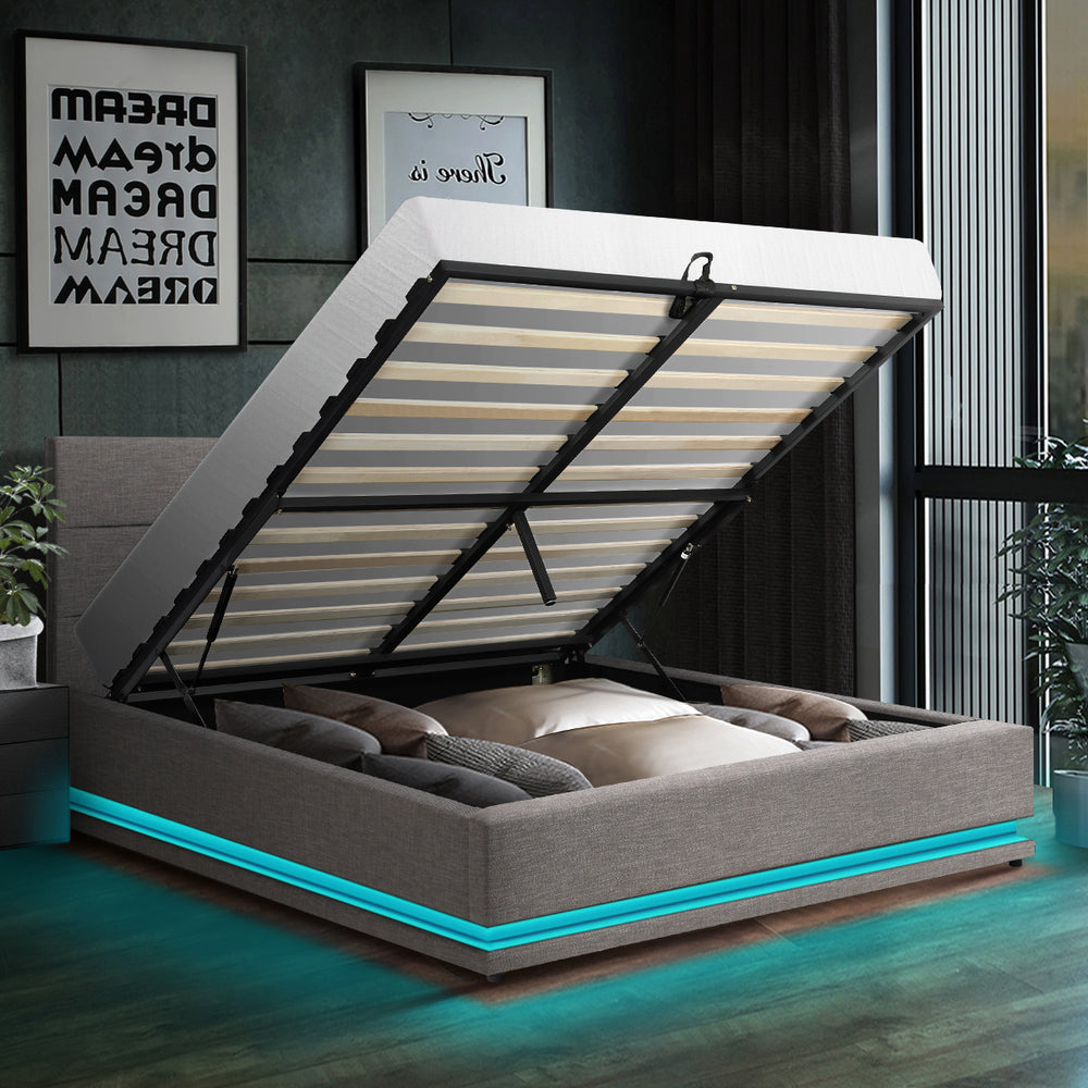 Queen Bed Frame with Gas Lift LED Storage Space Grey