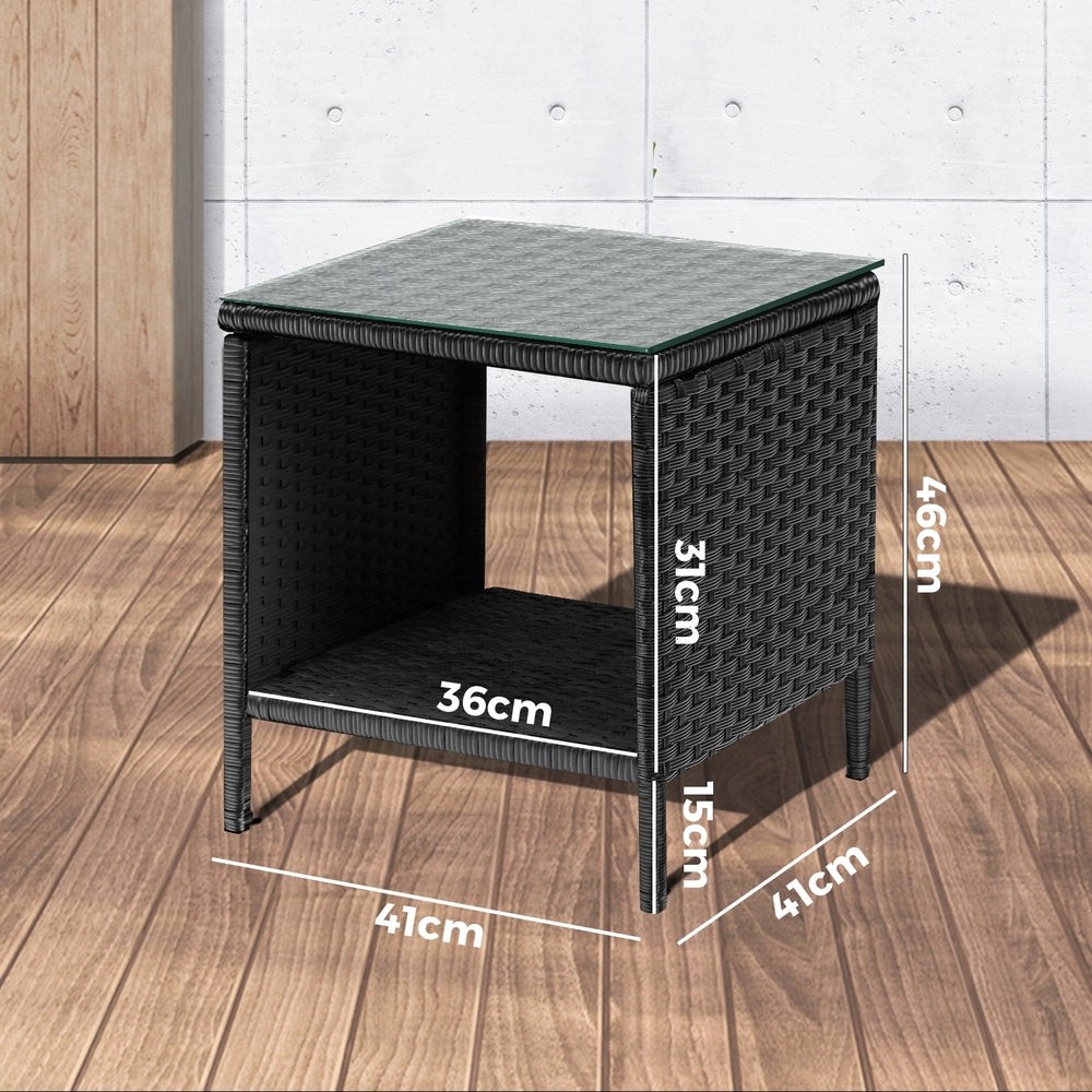 Rattan Side Table with Glass Tabletop Black