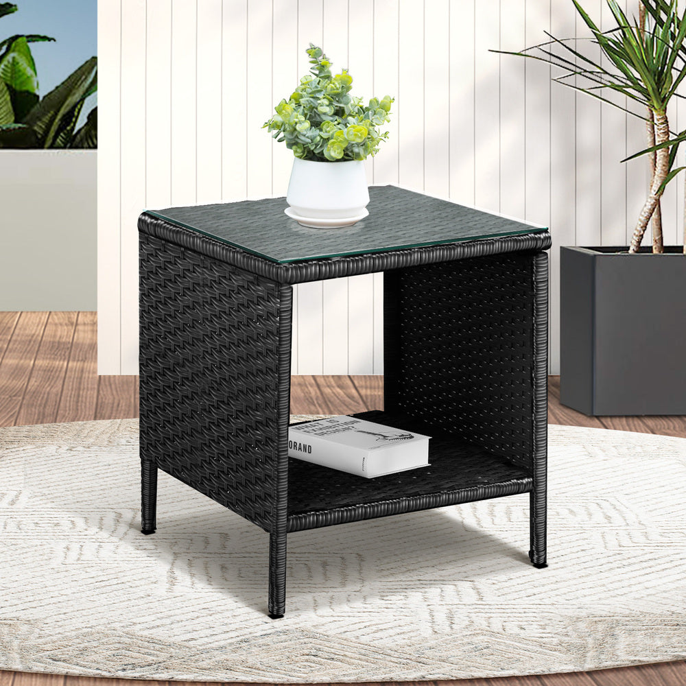 Rattan Side Table with Glass Tabletop Black