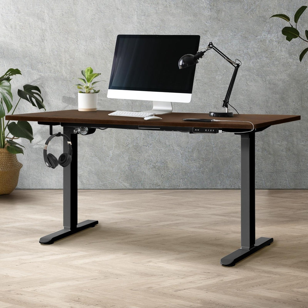 Motorized Adjustable Sit Stand Desk 160cm Black and Walnut