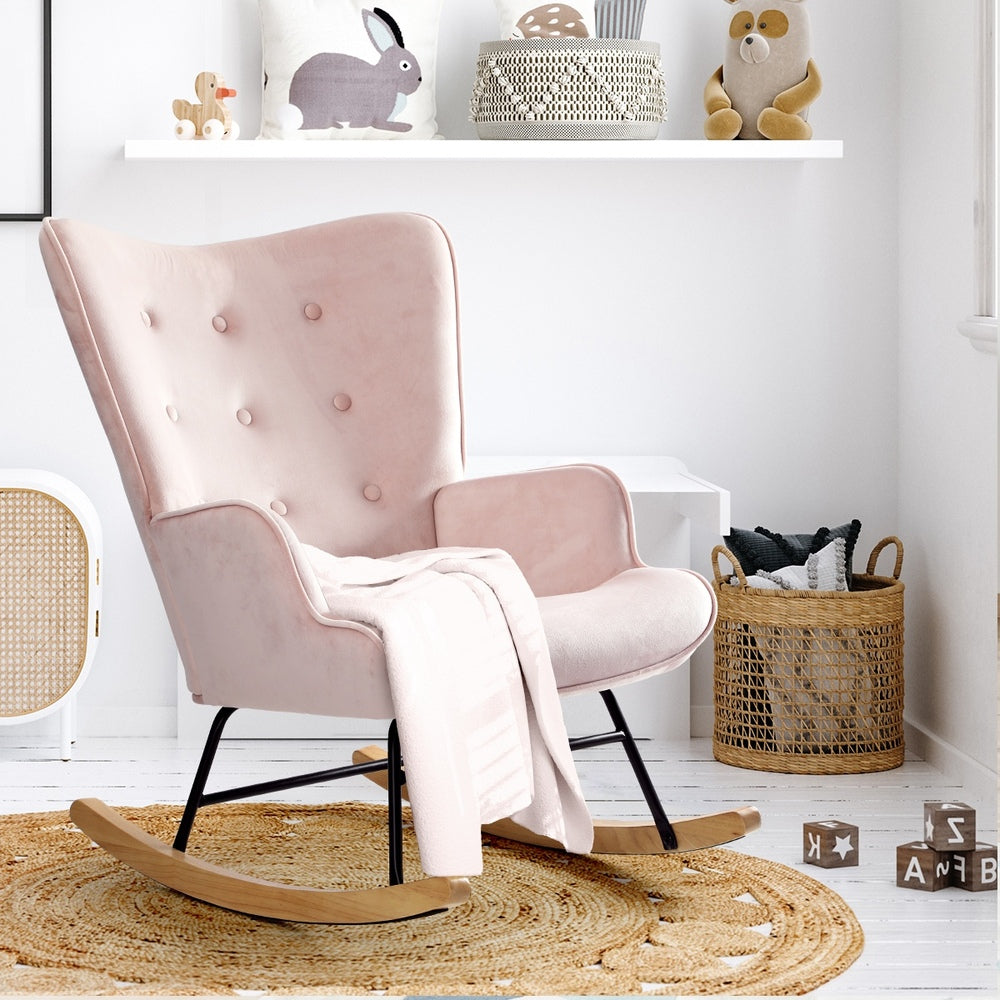 Pink Velvet Upholstered Nursing Rocking Armchair Accent Chair