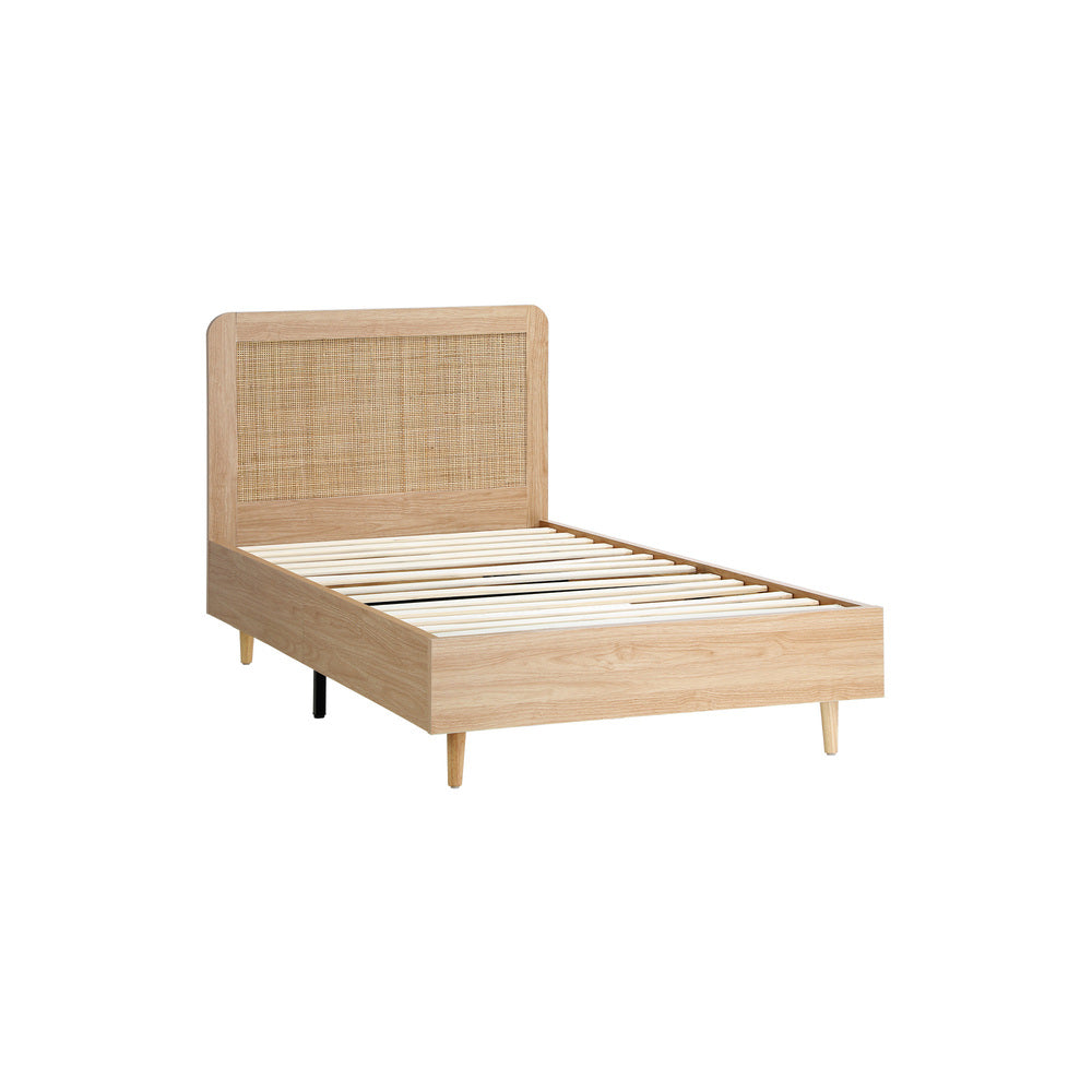 Single Size Wooden Bed Frame with Rattan Headboard