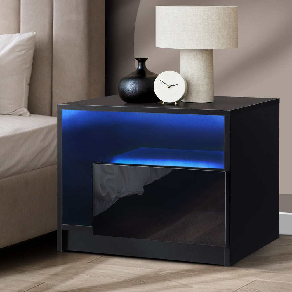 Black High Gloss Bedside Tables with RGB LED Lights