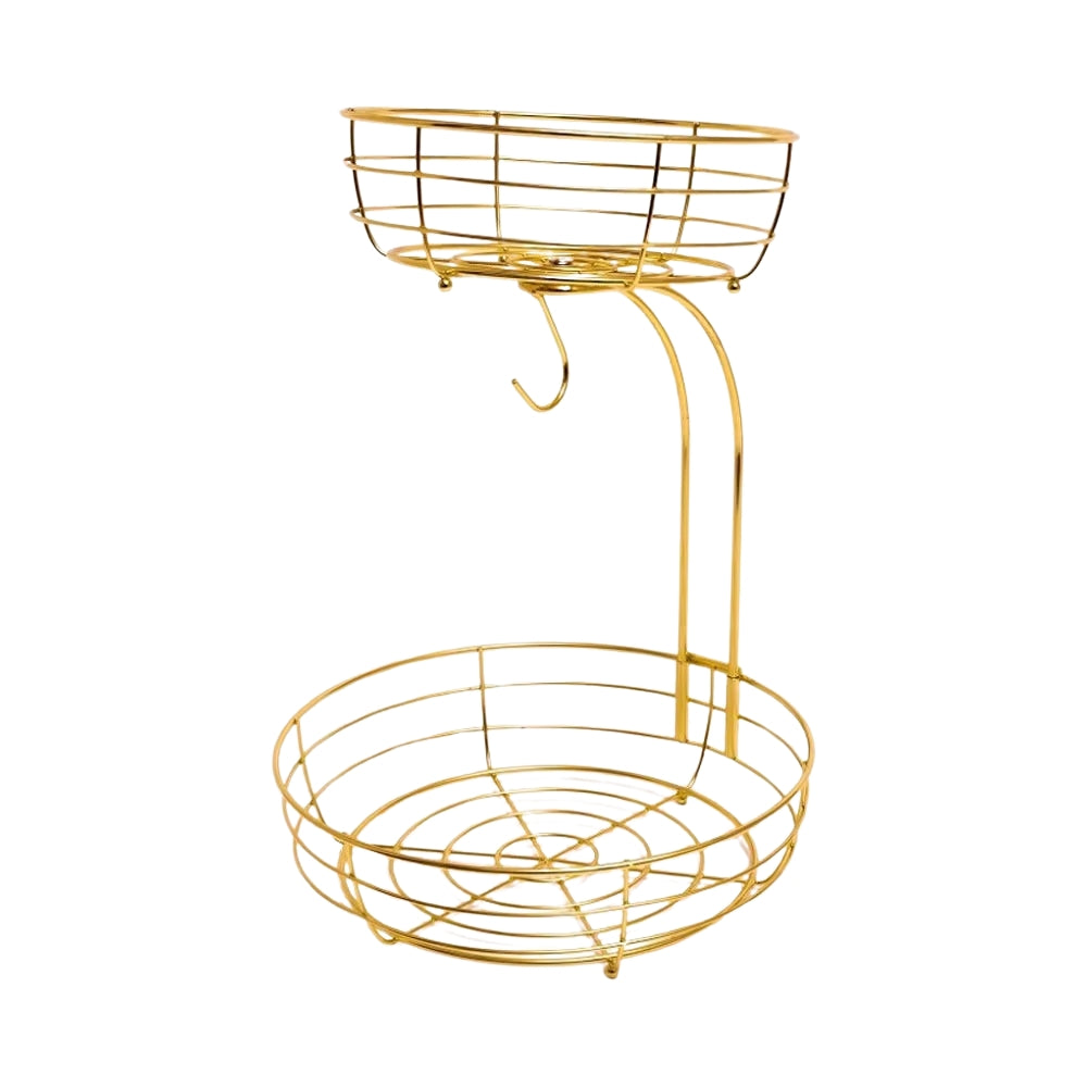 2 Tier Metal Fruit Basket with Banana Hanger Large Fruit Stand Organizer