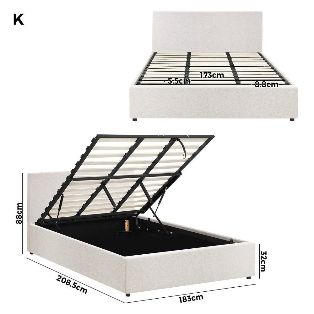 King Bed Frame with Gas Lift Storage Base White Boucle