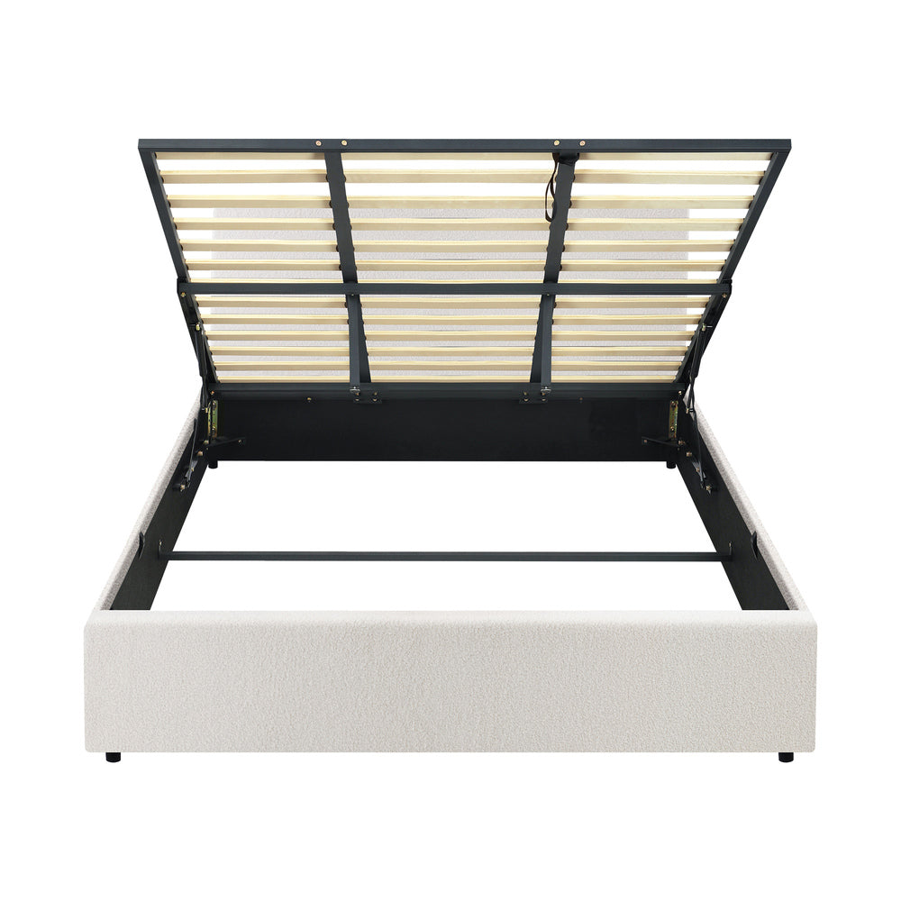 King Bed Frame with Gas Lift Storage Base White Boucle