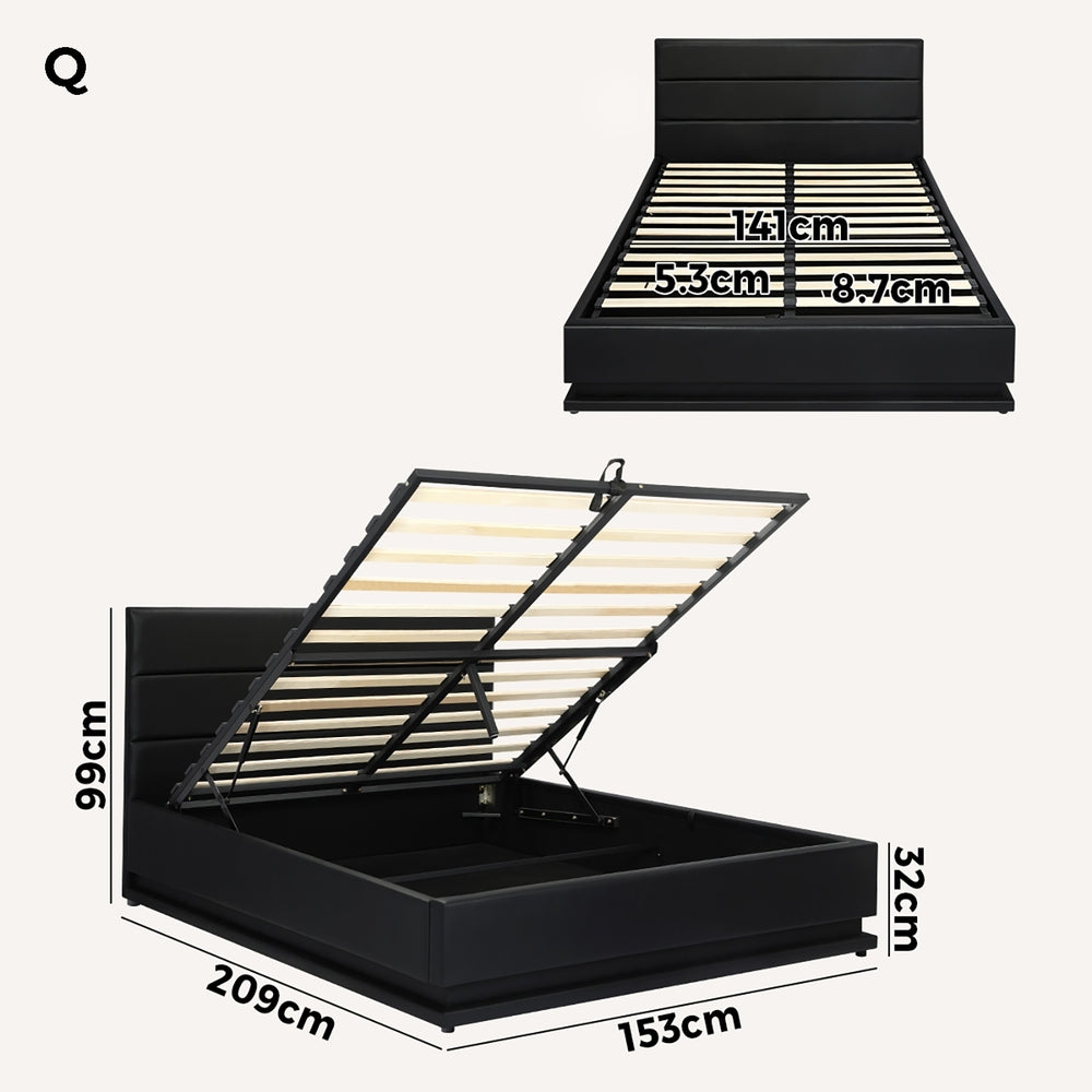 Queen Bed Frame Gas Lift Storage with RGB Lights Black