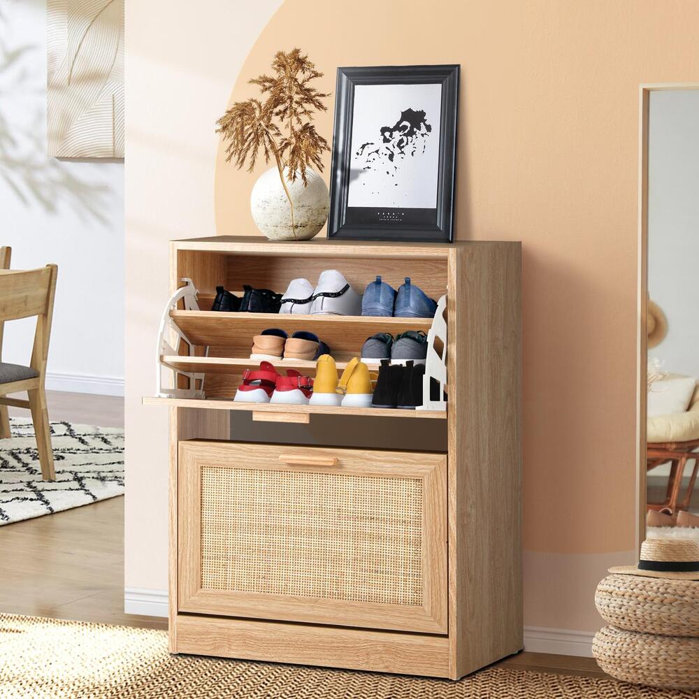 Shoe Cabinet with 2 Compartments and Rattan Doors