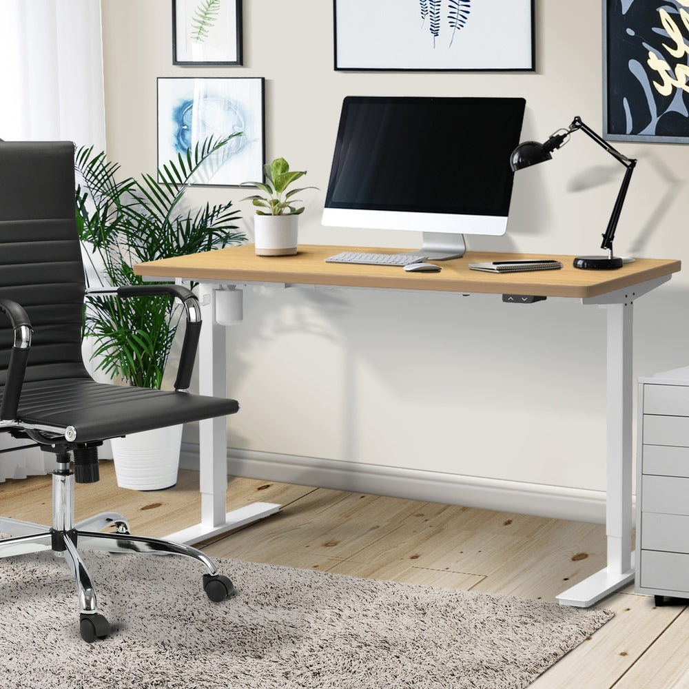 Electric Standing Desk Single Motor White and Oak 150 cm