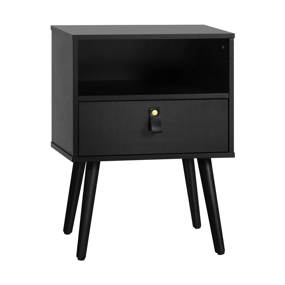 Bedside Table with Leather Handle Black