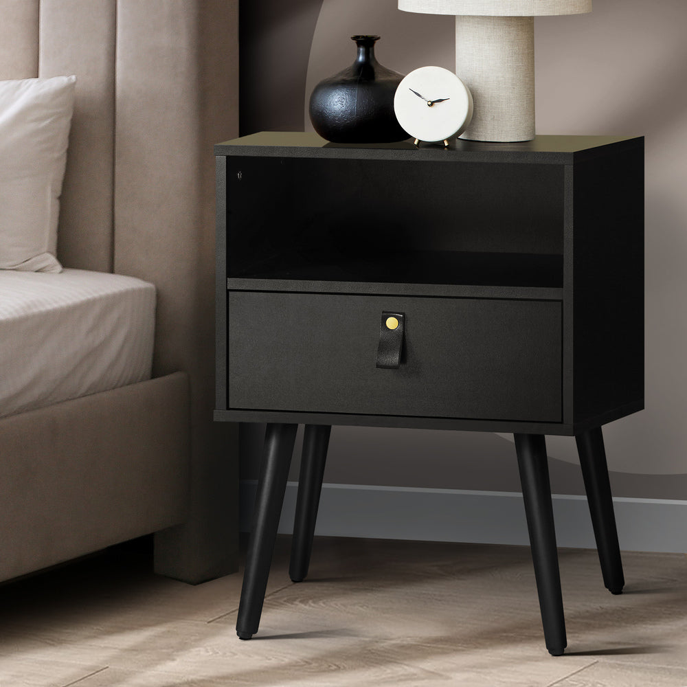 Bedside Table with Leather Handle Black