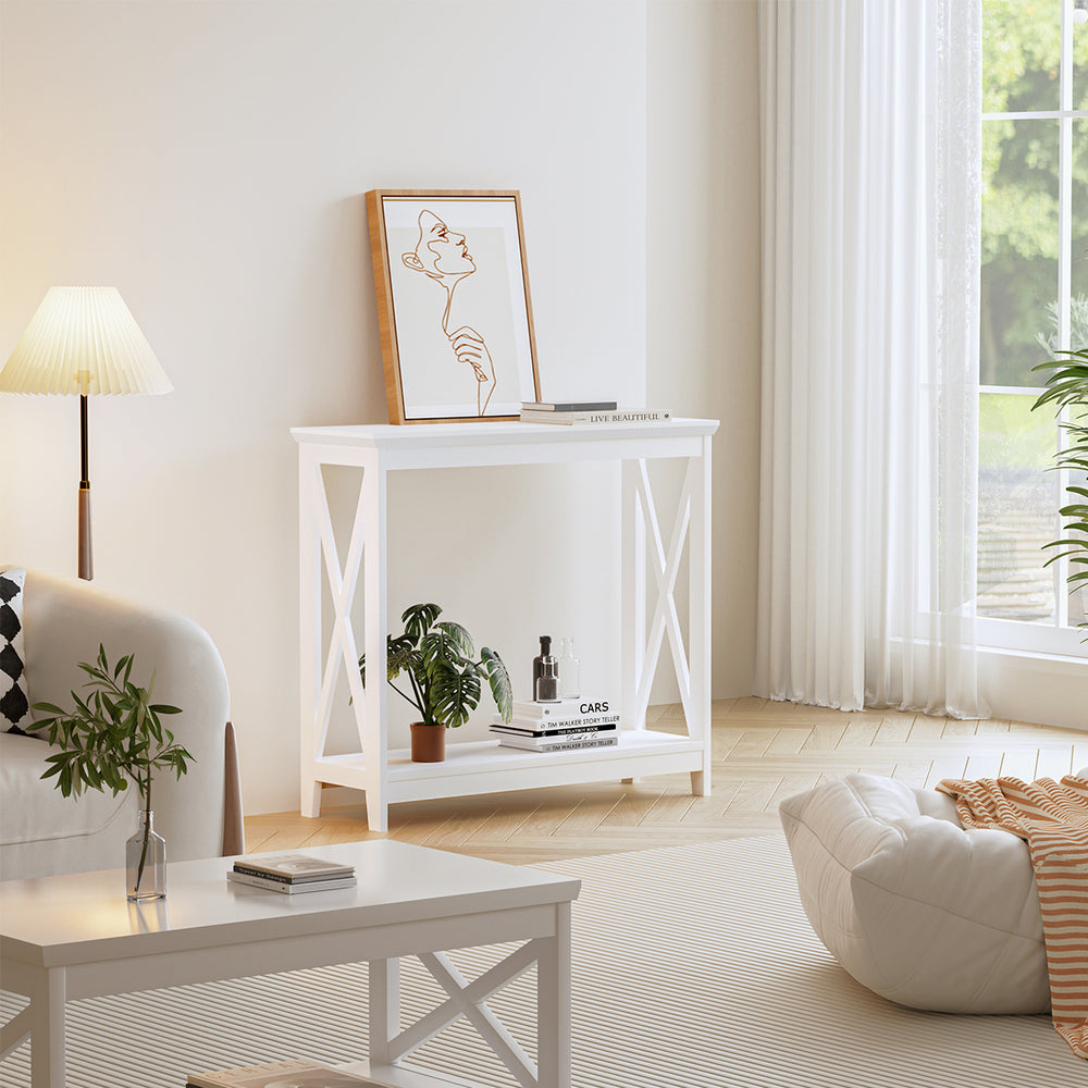 Wooden 2 Tier Console Table X Design White