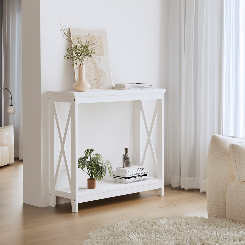 Wooden 2 Tier Console Table X Design White