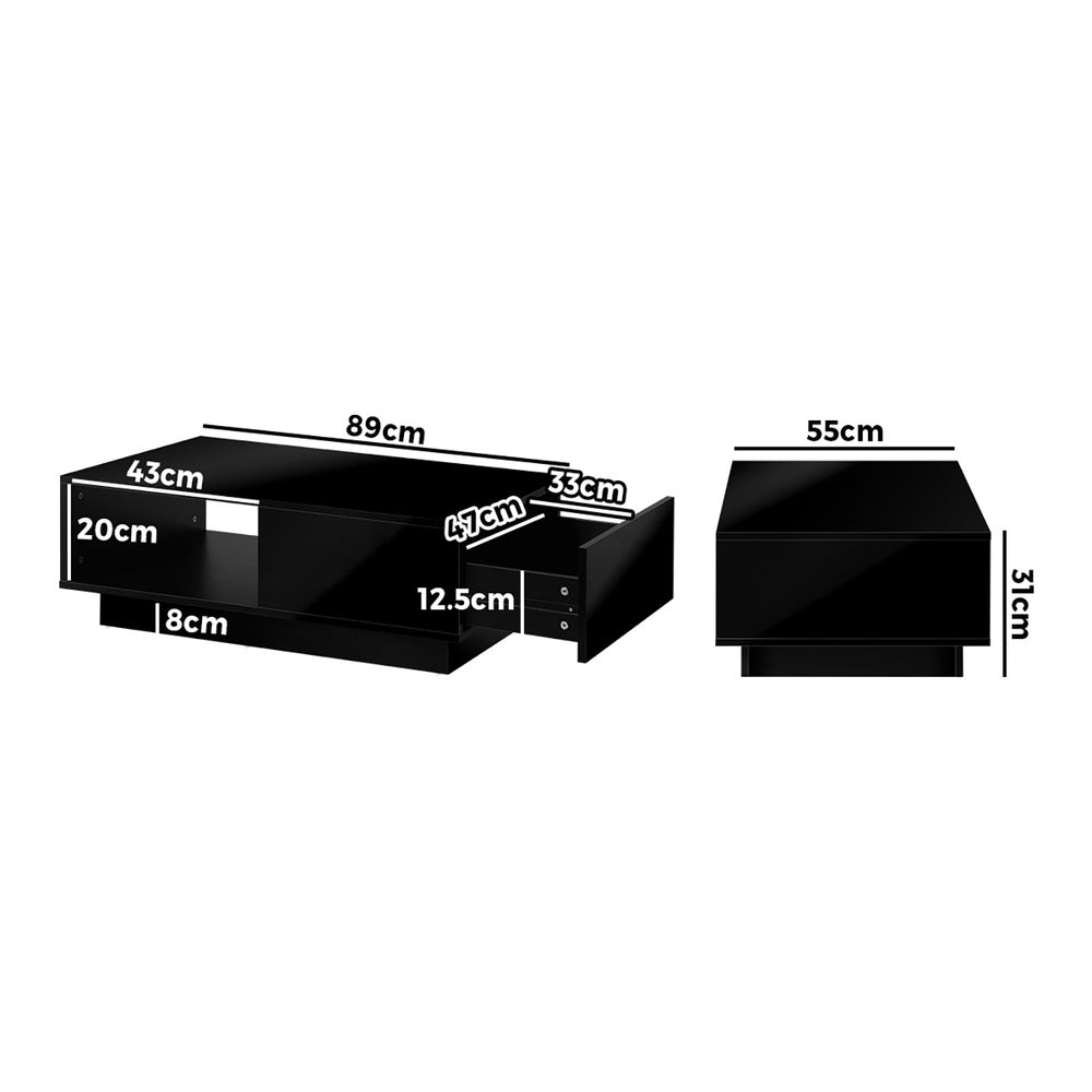 Black Coffee Table LED High Gloss with Storage Drawer