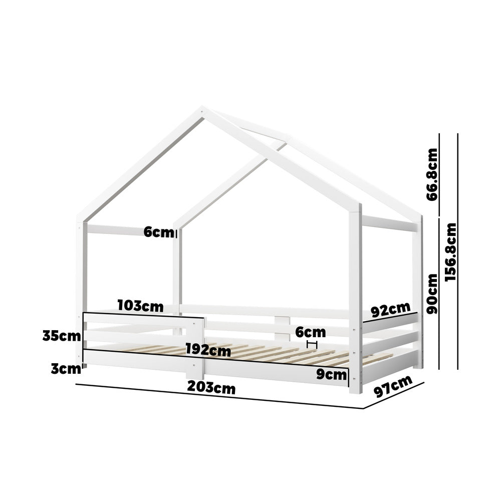Kids Single Bed Frame Wooden House Style White