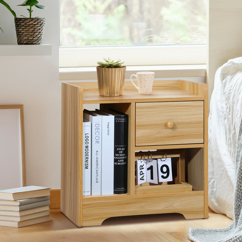 Wooden Bedside Table with Drawer and Storage Space
