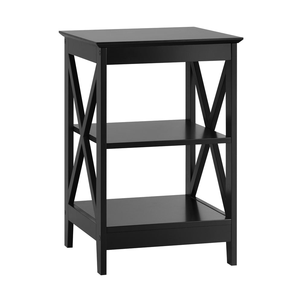 Black Side Table with 3 Tier Shelf and X Structured Sides