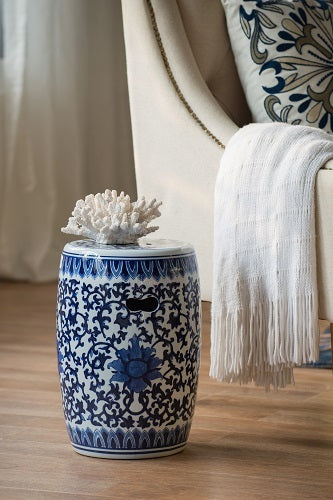 Ming Ceramic Stool 40cm Blue & White Fretwork Pattern Decorative Seat