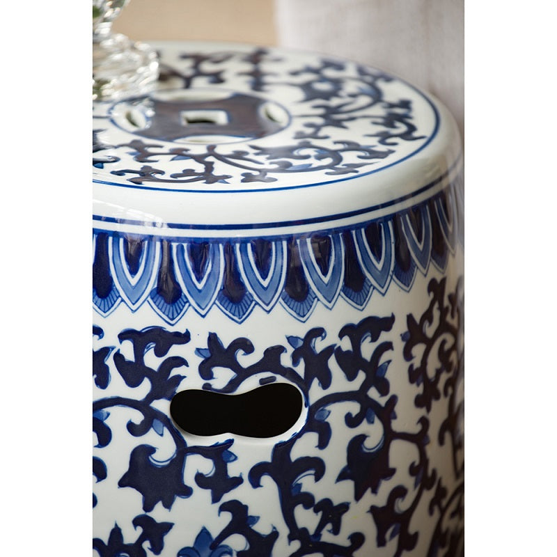 Ming Ceramic Stool 40cm Blue & White Fretwork Pattern Decorative Seat