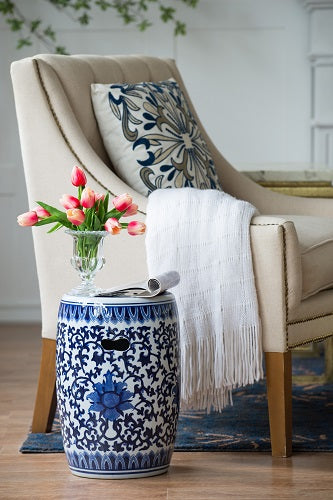 Ming Ceramic Stool 40cm Blue & White Fretwork Pattern Decorative Seat