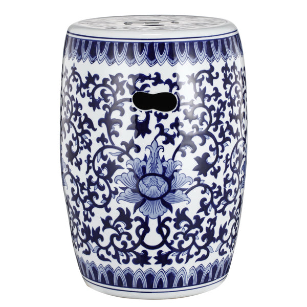 Ming Ceramic Stool 40cm Blue & White Fretwork Pattern Decorative Seat