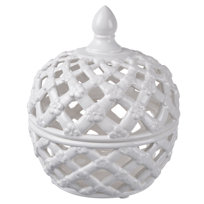Lattice Decorative Lidded Jar 24cm White Ceramic with Flower Motif