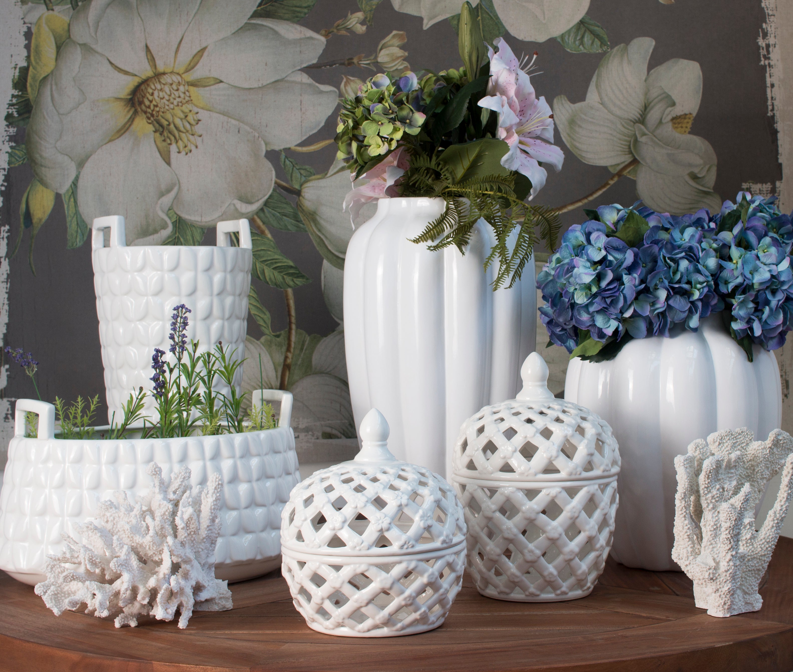 Lattice Decorative Lidded Jar 24cm White Ceramic with Flower Motif
