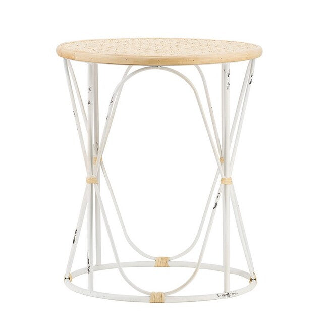 Bamboo Weave Side Tables Set of 2 Iron Frame Distressed White