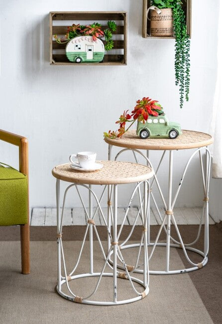 Bamboo Weave Side Tables Set of 2 Iron Frame Distressed White