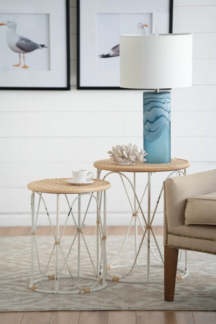 Bamboo Weave Side Tables Set of 2 Iron Frame Distressed White