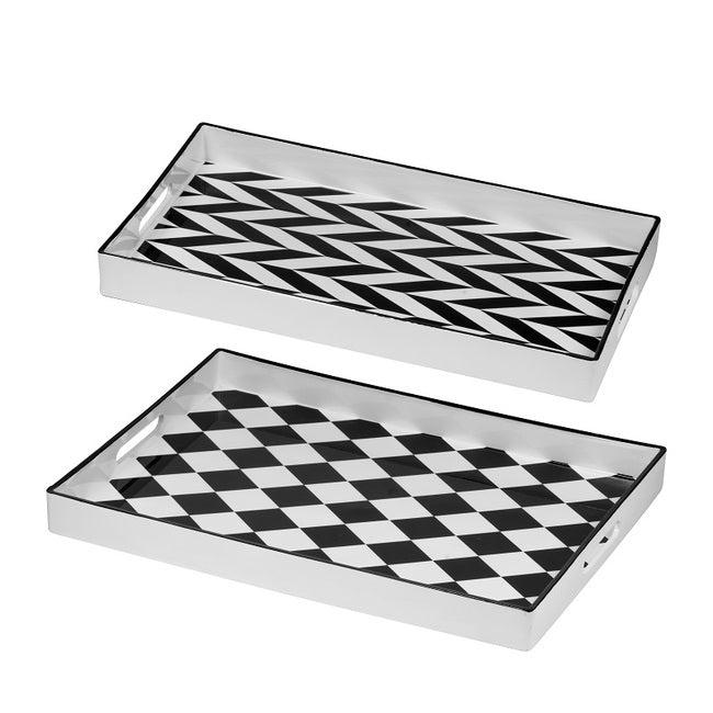 Black & White Patterned Rectangular Trays Set of 2 Plastic Nesting