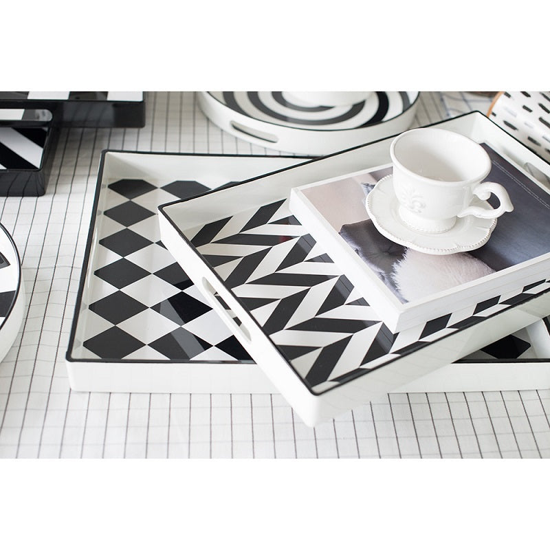 Black & White Patterned Rectangular Trays Set of 2 Plastic Nesting